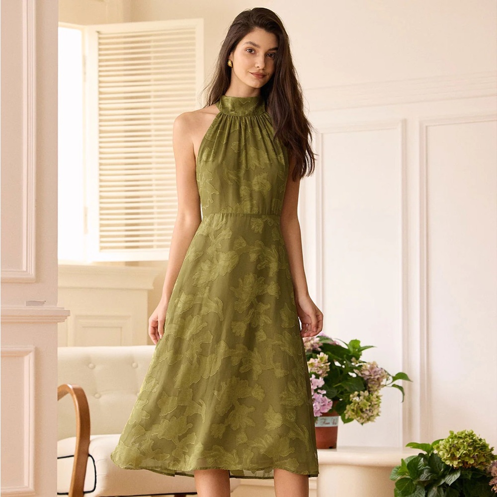 RIHOAS Olive Green Halter Midi Dress